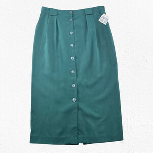 1980s Vintage Green Teal Button Front Stretch Waist Pencil Midi Skirt Size 16